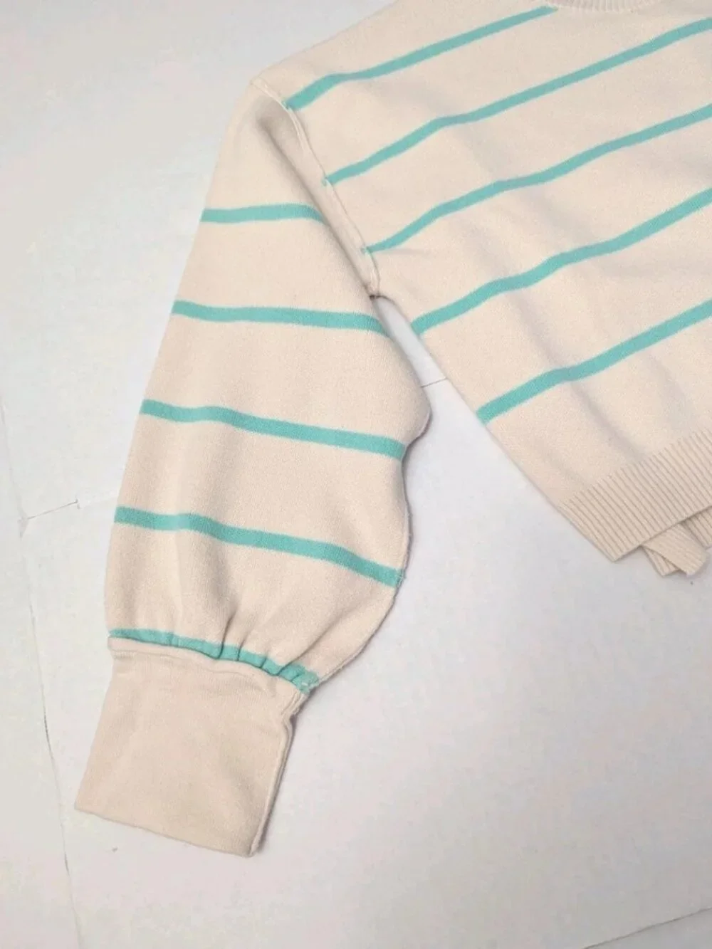 By Together Cream Teal Striped Knit Cropped Sweater Drop Shoulder Size S NWOT